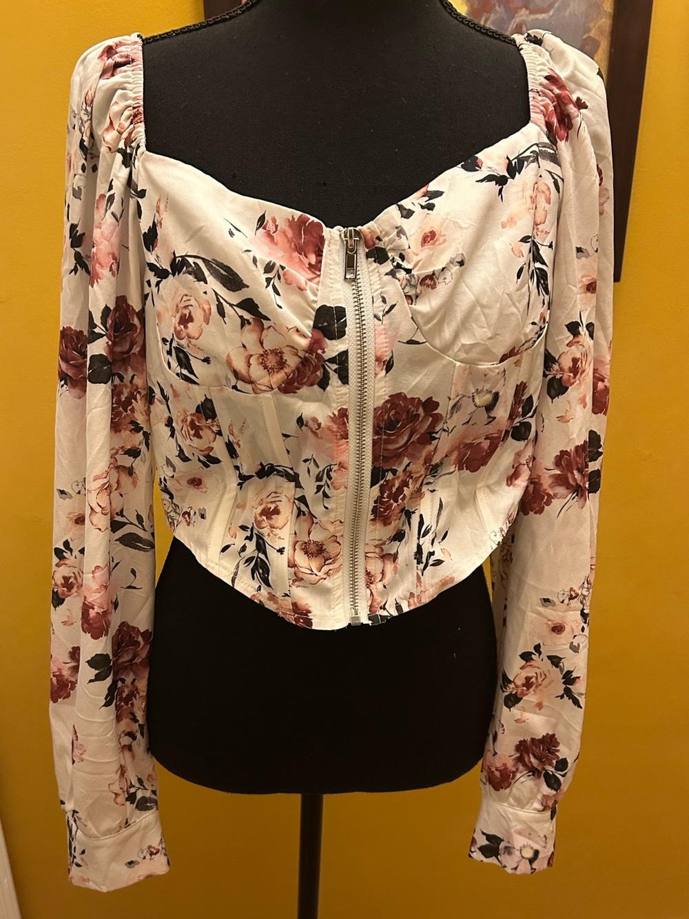 Silky Floral Zip Front Corset Style Crop Blouse Size Large
